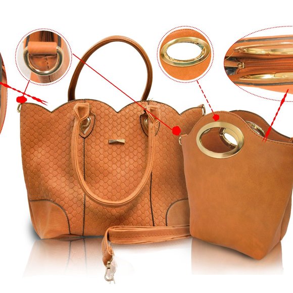 Large Heavy Duty Satchel Handbag - Set of 2 Handbags - Tan - Picture 2 of 9